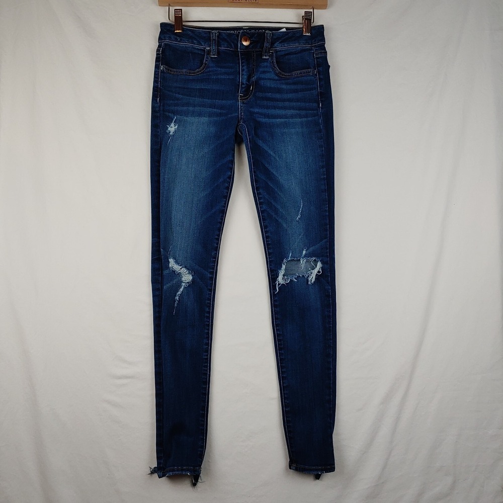 American Eagle Jeans Womens 2 Regular (28x28.5) Blue Stretch Jegging Distressed